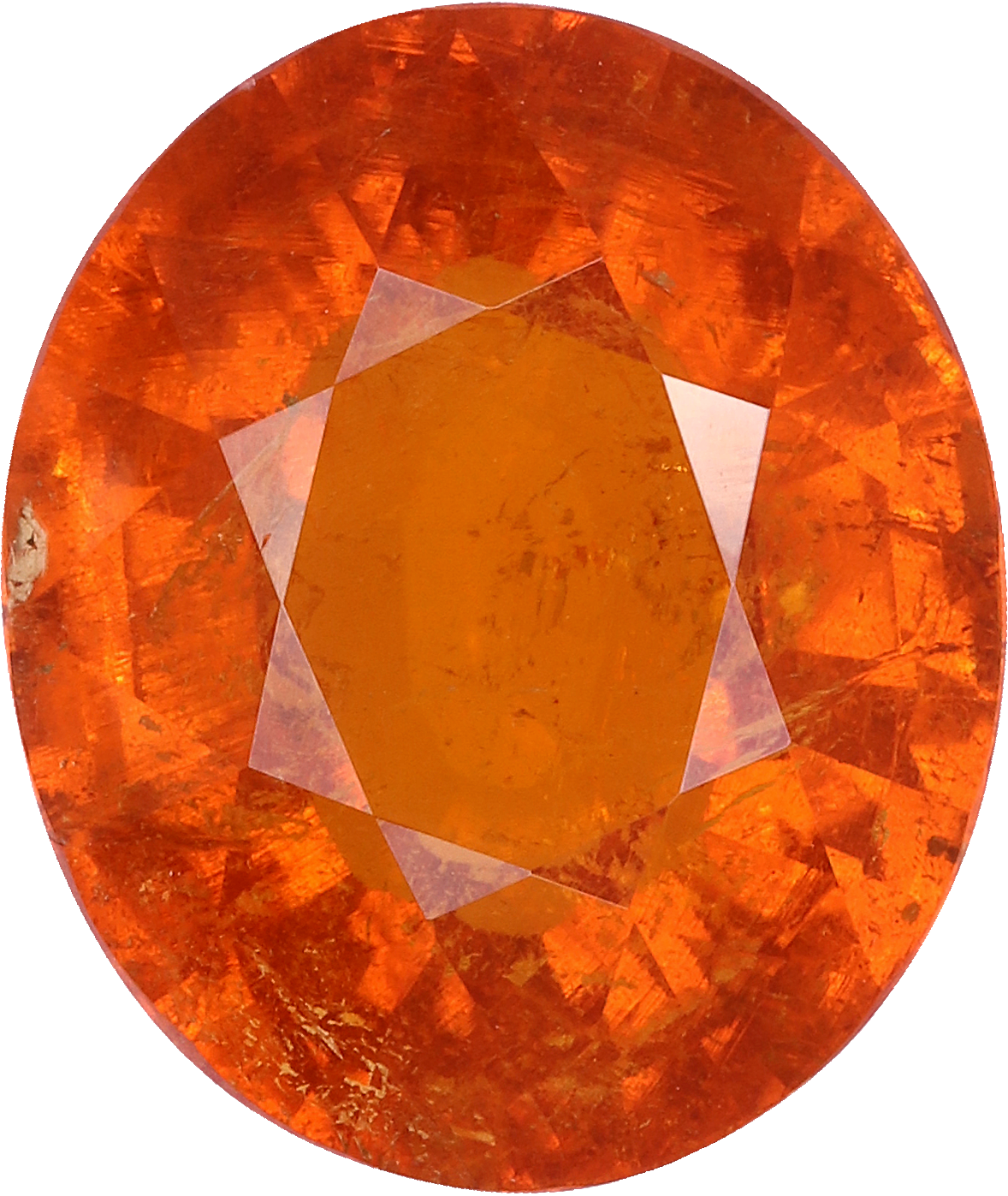 Oval cut spessartite garnet, 13.63 by 11.48 mm, shown at actual size