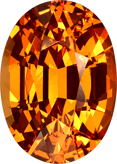 Oval cut spessartite garnet, 10.08 by 7.2 mm, shown at actual size