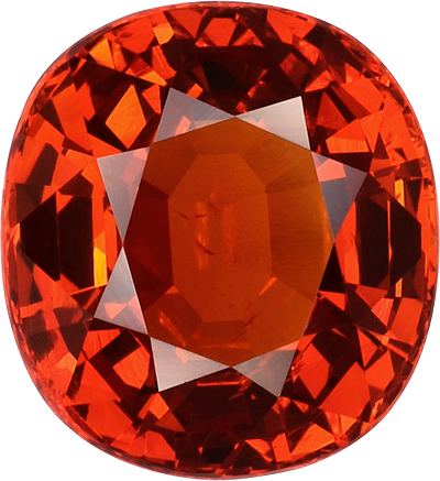 Cushion cut spessartite garnet, 8.74 by 8.03 mm, shown at actual size
