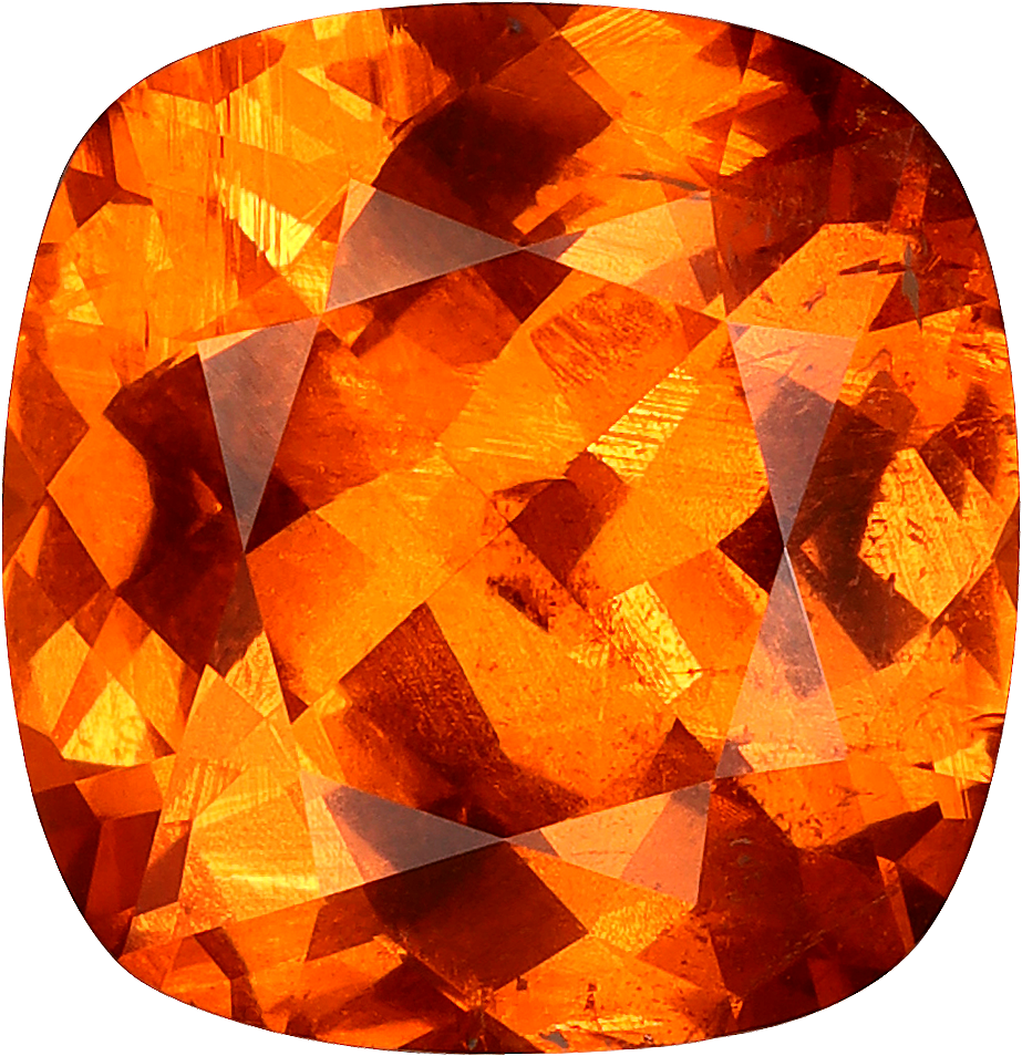 Cushion cut spessartite garnet, 9.79 by 9.51 mm, shown at actual size