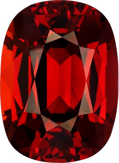 Cushion cut spessartite garnet, 15.61 by 11.43 mm, shown at actual size