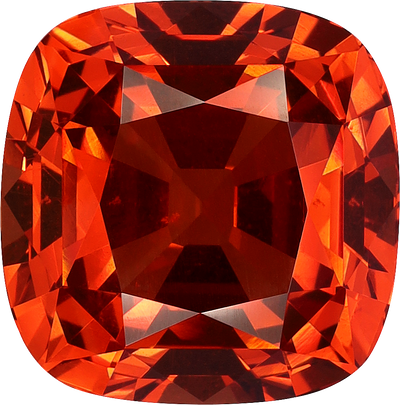 Cushion cut spessartite garnet, 12.95 by 12.78 mm, shown at actual size