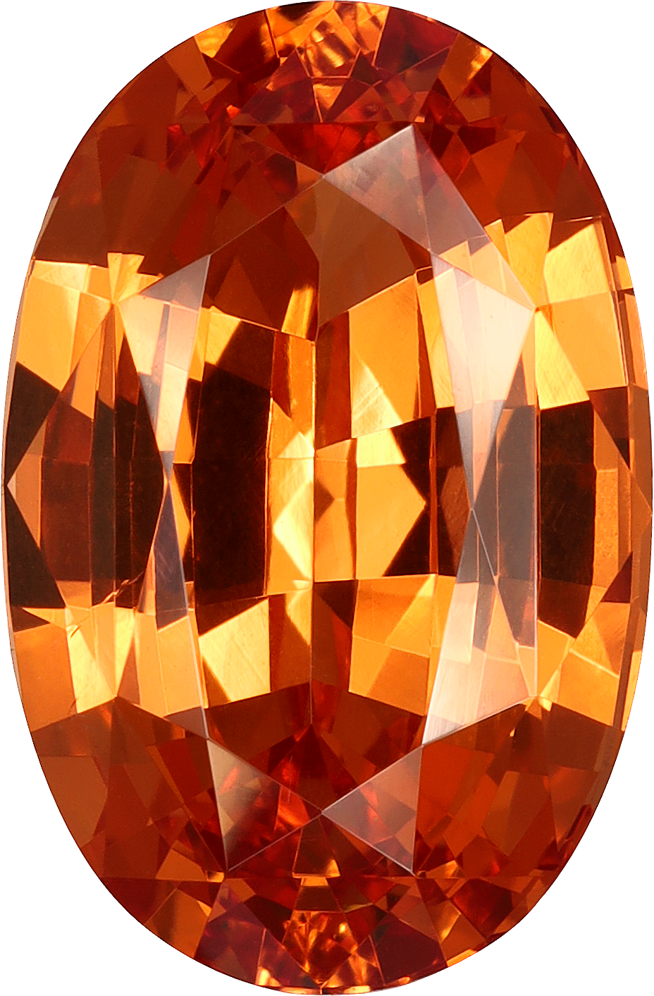 Oval cut spessartite garnet, 13.51 by 8.9 mm, shown at actual size