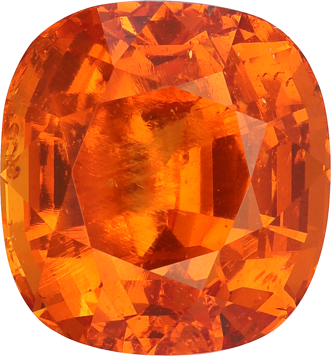 Cushion cut spessartite garnet, 11.58 by 10.75 mm, shown at actual size