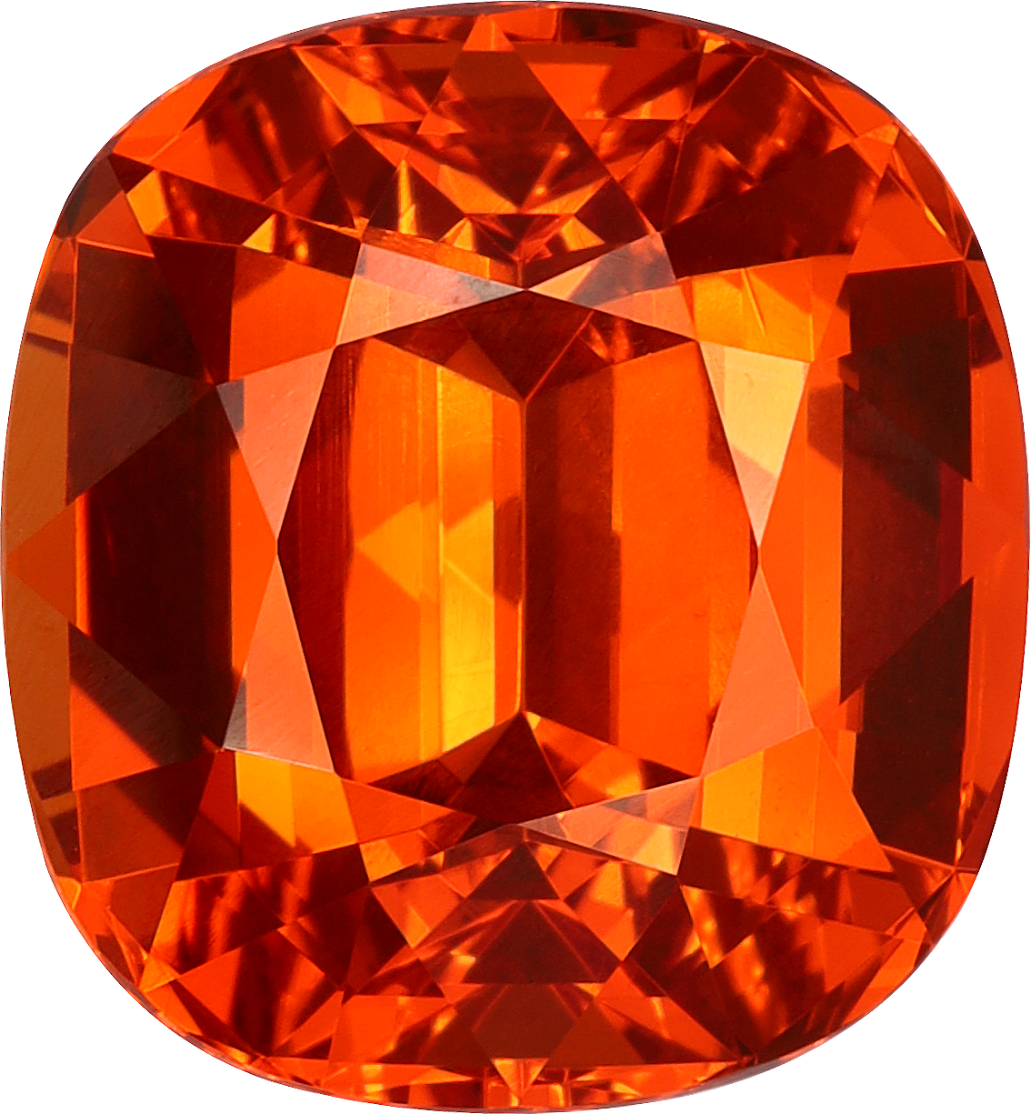 Cushion cut spessartite garnet, 10.79 by 10 mm, shown at actual size