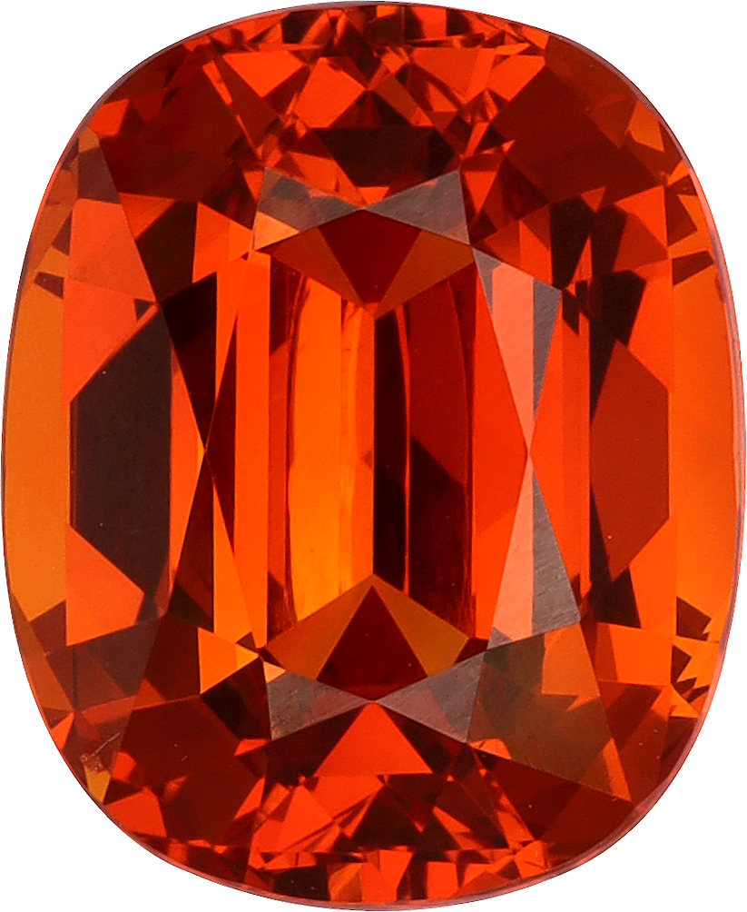 Cushion cut spessartite garnet, 11.64 by 9.56 mm, shown at actual size