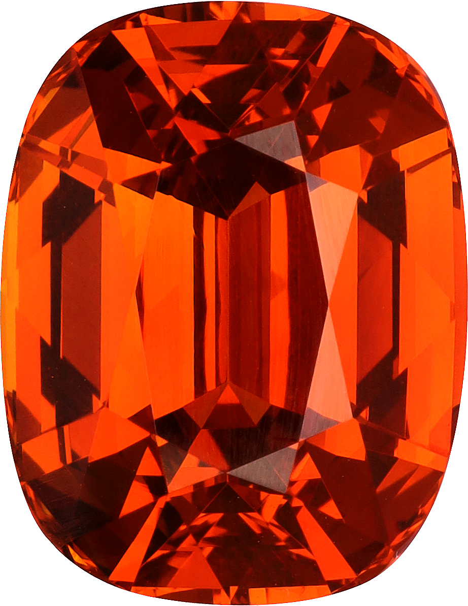 Cushion cut spessartite garnet, 13.72 by 10.64 mm, shown at actual size