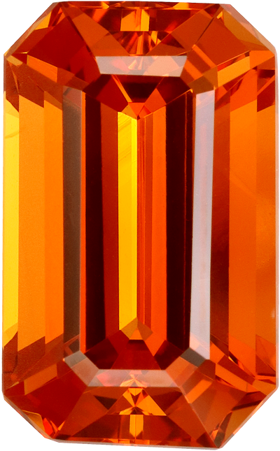 Rectangular cut spessartite garnet, 13.39 by 8.28 mm, shown at actual size