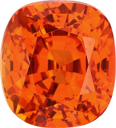 Cushion cut spessartite garnet, 11.02 by 10.12 mm, shown at actual size