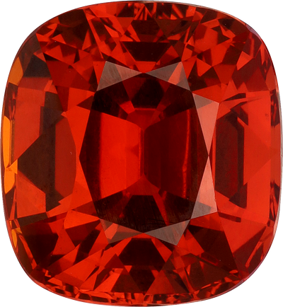 Cushion cut spessartite garnet, 16.29 by 15.09 mm, shown at actual size