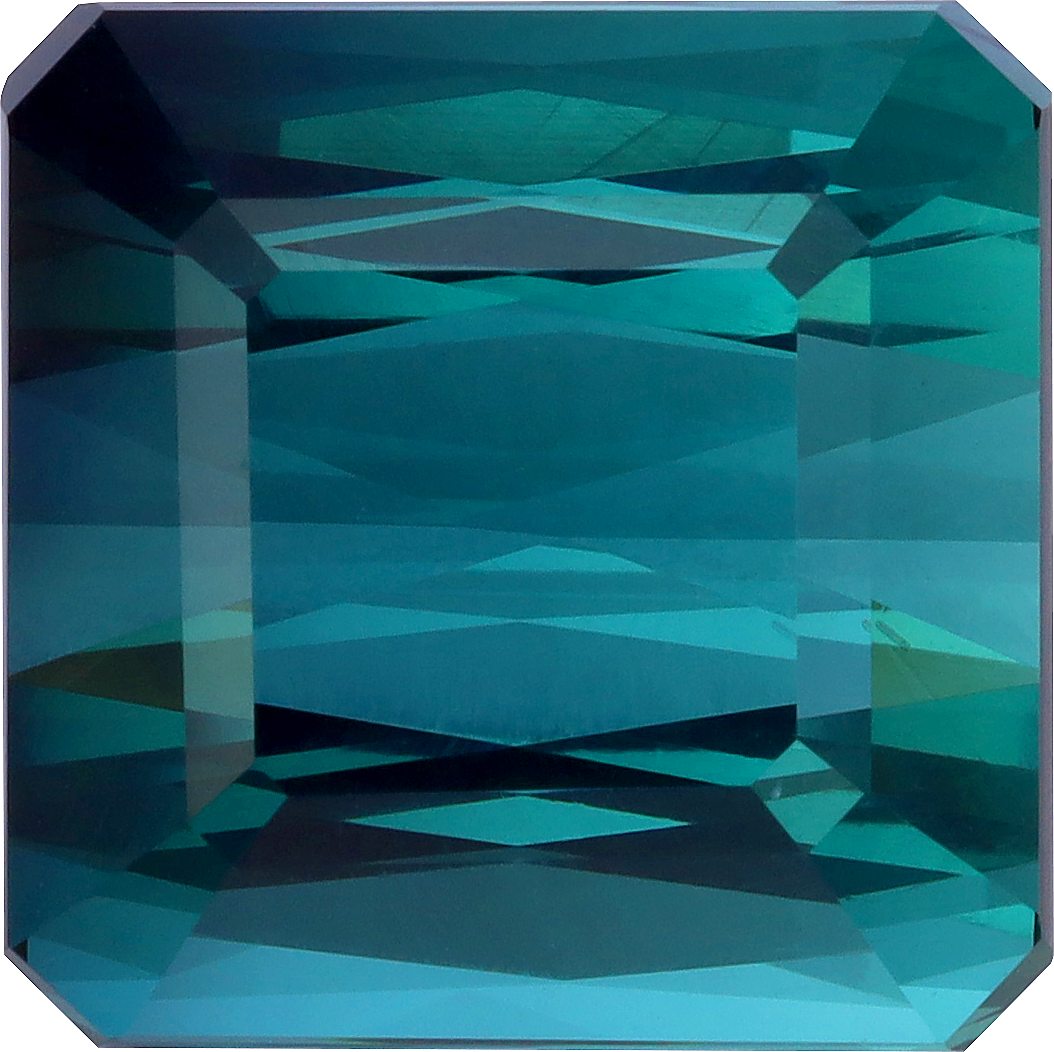 Square cut blue tourmaline, 14.56 by 14.53 mm, shown at actual size