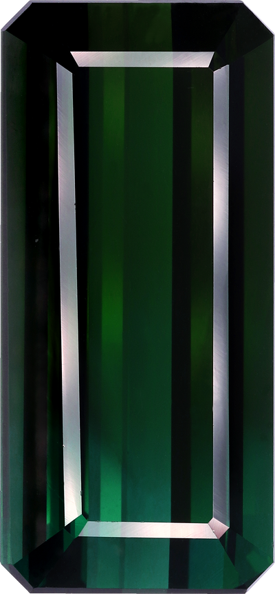 Rectangular cut blue tourmaline, 29.1 by 13.71 mm, shown at actual size