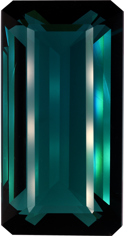 Rectangular cut blue tourmaline, 32.2 by 17.97 mm, shown at actual size