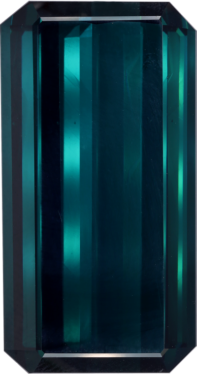 Rectangular cut blue tourmaline, 32.6 by 17.2 mm, shown at actual size