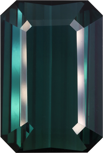 Rectangular cut blue tourmaline, 23.83 by 15.97 mm, shown at actual size