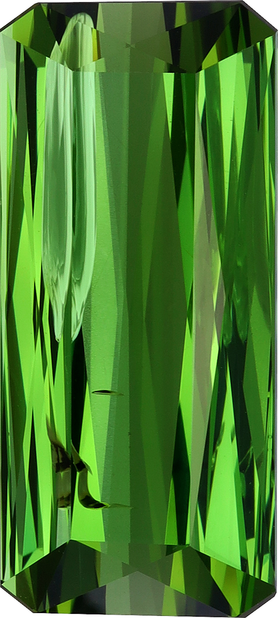 Cushion cut green tourmaline, 21 by 9.6 mm, shown at actual size