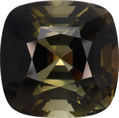 Cushion cut green tourmaline, 16.09 by 15.93 mm, shown at actual size
