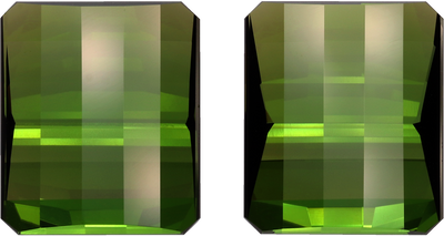 Rectangular cut green tourmaline, 14.21 by 12.18 mm, shown at actual size