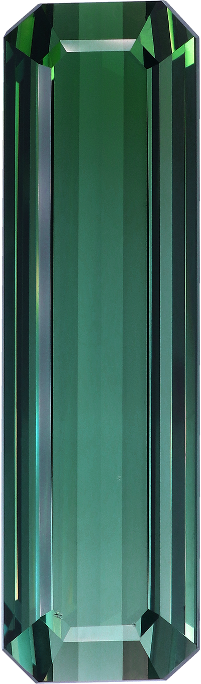 Rectangular cut green tourmaline, 44.1 by 12.9 mm, shown at actual size