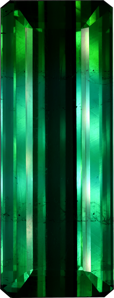 Rectangular cut green tourmaline, 38.8 by 14.78 mm, shown at actual size