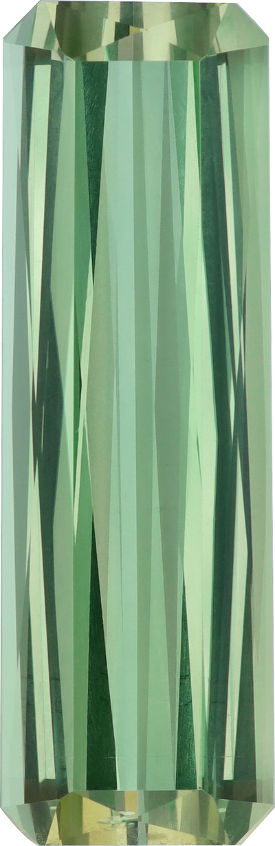 Rectangular cut green tourmaline, 31.2 by 10.1 mm, shown at actual size