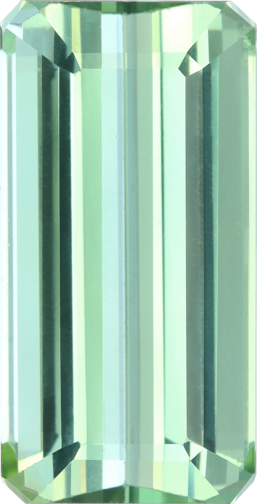Rectangular cut green tourmaline, 19.1 by 9.7 mm, shown at actual size