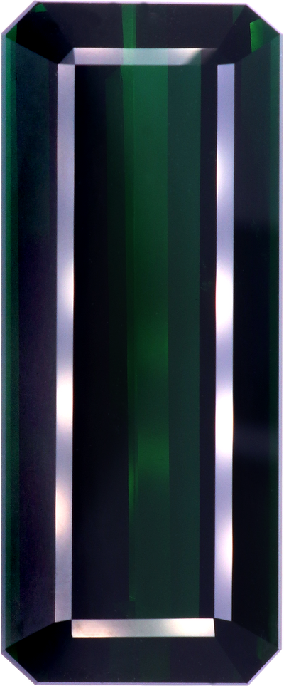 Rectangular cut green tourmaline, 43.4 by 18.04 mm, shown at actual size