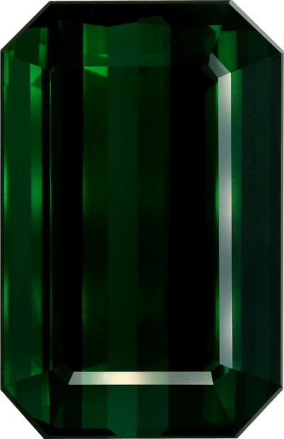 Rectangular cut green tourmaline, 26.75 by 17.3 mm, shown at actual size