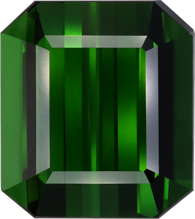 Rectangular cut green tourmaline, 16.54 by 14.74 mm, shown at actual size