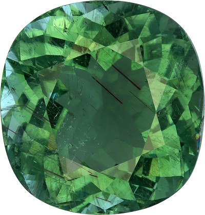Cushion cut green tourmaline, 13.9 by 13.3 mm, shown at actual size