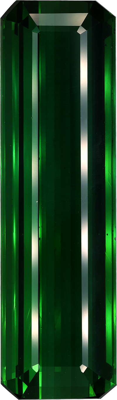 Rectangular cut green tourmaline, 41.1 by 12 mm, shown at actual size