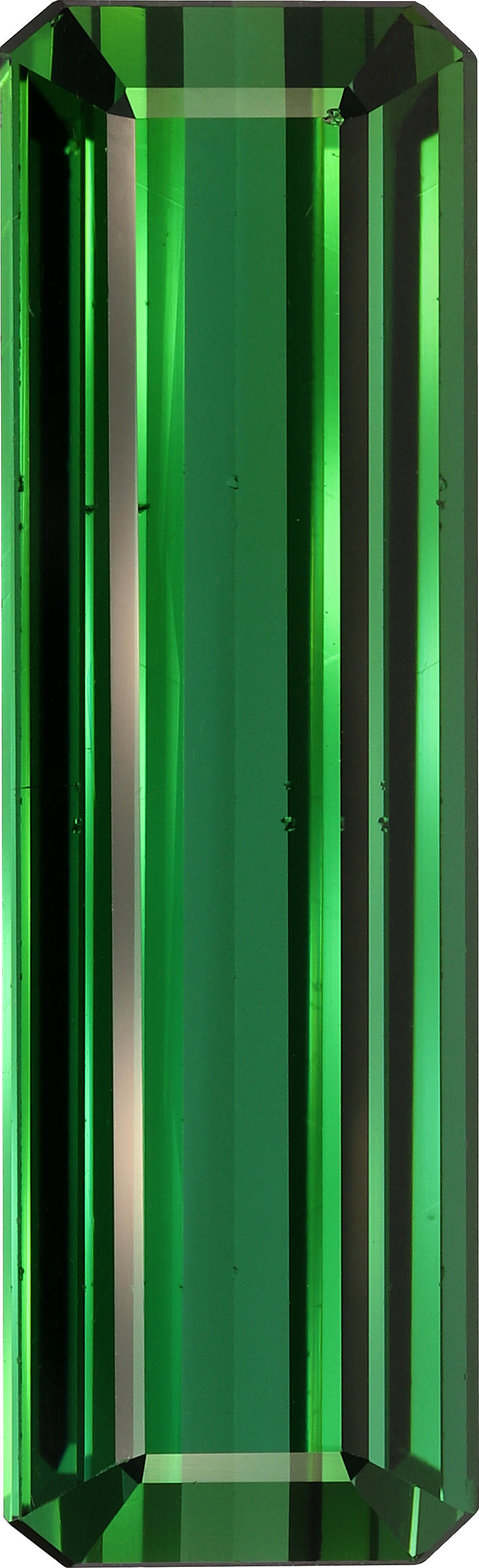 Rectangular cut green tourmaline, 30.3 by 9.3 mm, shown at actual size