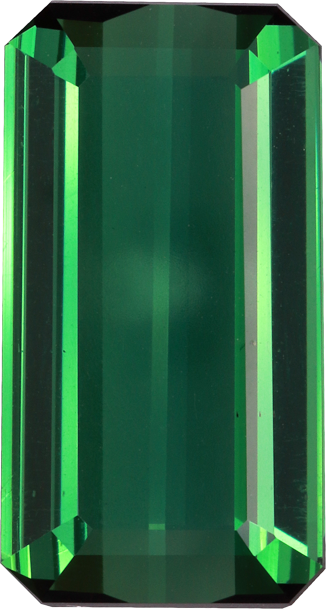 Rectangular cut green tourmaline, 17.25 by 9.21 mm, shown at actual size