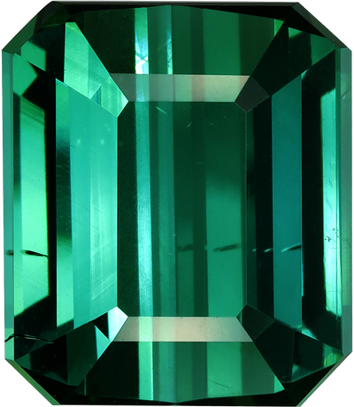 Rectangular cut blue tourmaline, 14.16 by 12.14 mm, shown at actual size