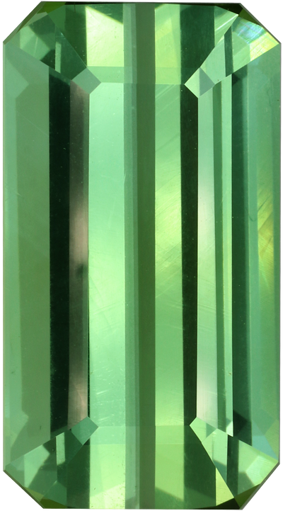 Rectangular cut green tourmaline, 21.57 by 11.8 mm, shown at actual size