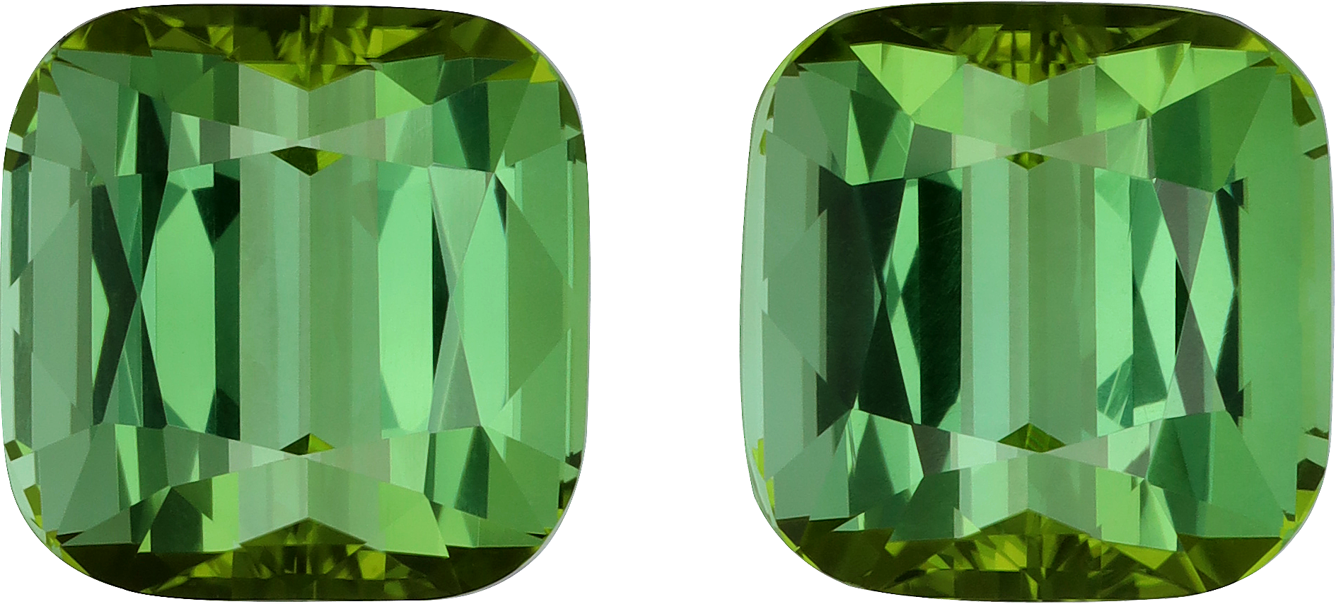 Cushion cut green tourmaline, 13.79 by 13.6 mm, shown at actual size