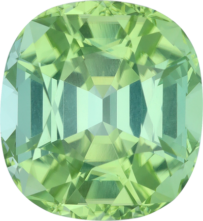 Cushion cut green tourmaline, 15.93 by 14.64 mm, shown at actual size