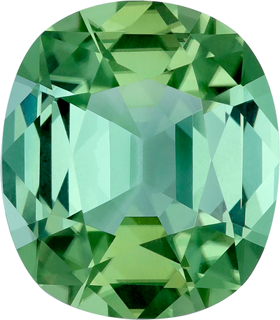 Cushion cut green tourmaline, 14.92 by 12.99 mm, shown at actual size