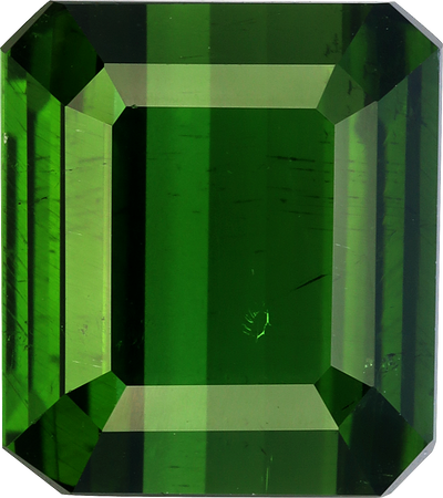 Rectangular cut green tourmaline, 11.8 by 10.5 mm, shown at actual size