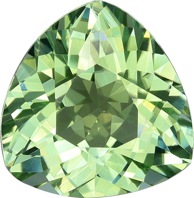 Trilliant cut green tourmaline, 12.5 by 12.5 mm, shown at actual size