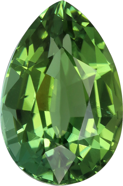 Pear cut green tourmaline, 14.84 by 9.91 mm, shown at actual size