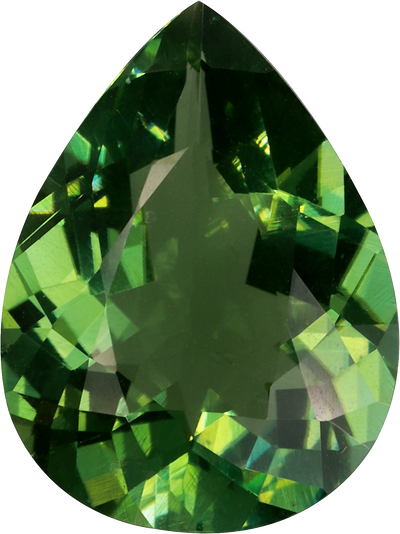Pear cut green tourmaline, 16 by 12 mm, shown at actual size