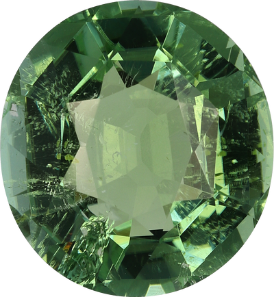 Oval cut green tourmaline, 13 by 12.1 mm, shown at actual size