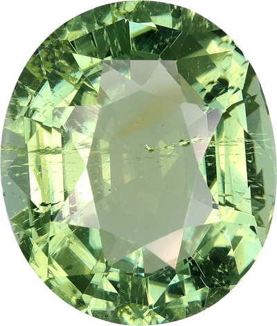 Oval cut green tourmaline, 15 by 13 mm, shown at actual size
