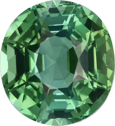 Oval cut green tourmaline, 10.88 by 10.01 mm, shown at actual size