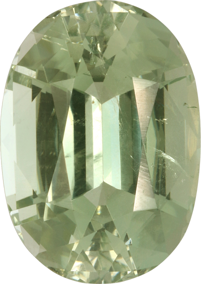 Oval cut green tourmaline, 14 by 10 mm, shown at actual size