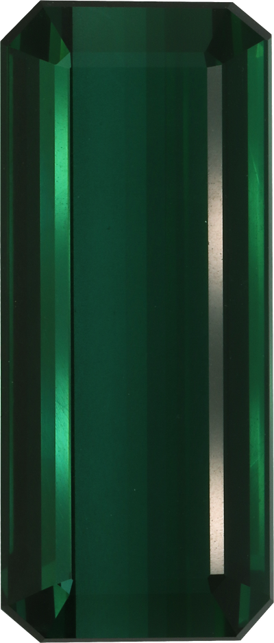 Rectangular cut green tourmaline, 20.8 by 8.5 mm, shown at actual size