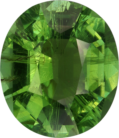 Oval cut green tourmaline, 13.4 by 11.6 mm, shown at actual size