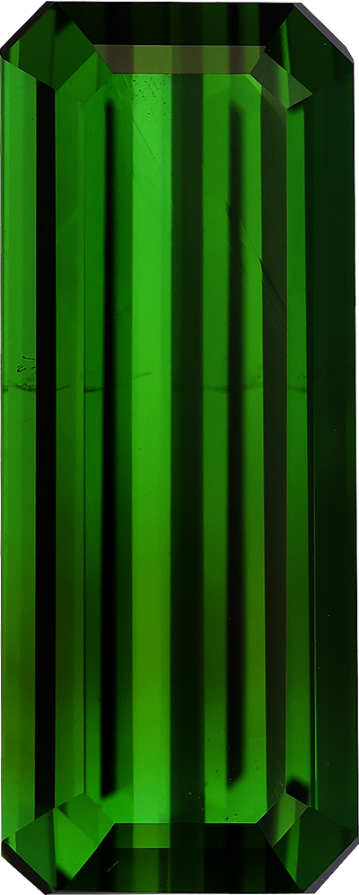 Rectangular cut green tourmaline, 20.9 by 8.4 mm, shown at actual size