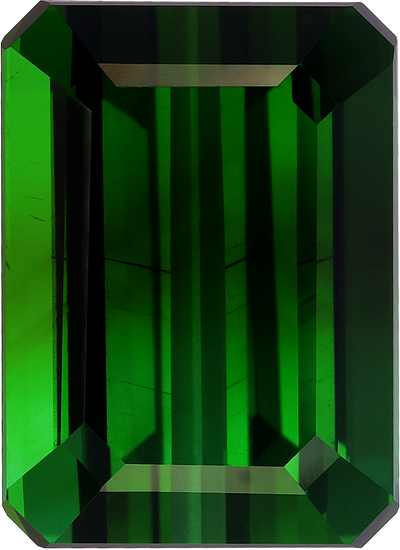 Rectangular cut green tourmaline, 16.9 by 12.2 mm, shown at actual size